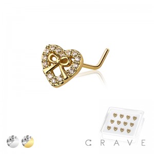 12PCS OF CZ HEART RIBBON 316L SURGICAL STEEL L-SHAPE NOSE BOX